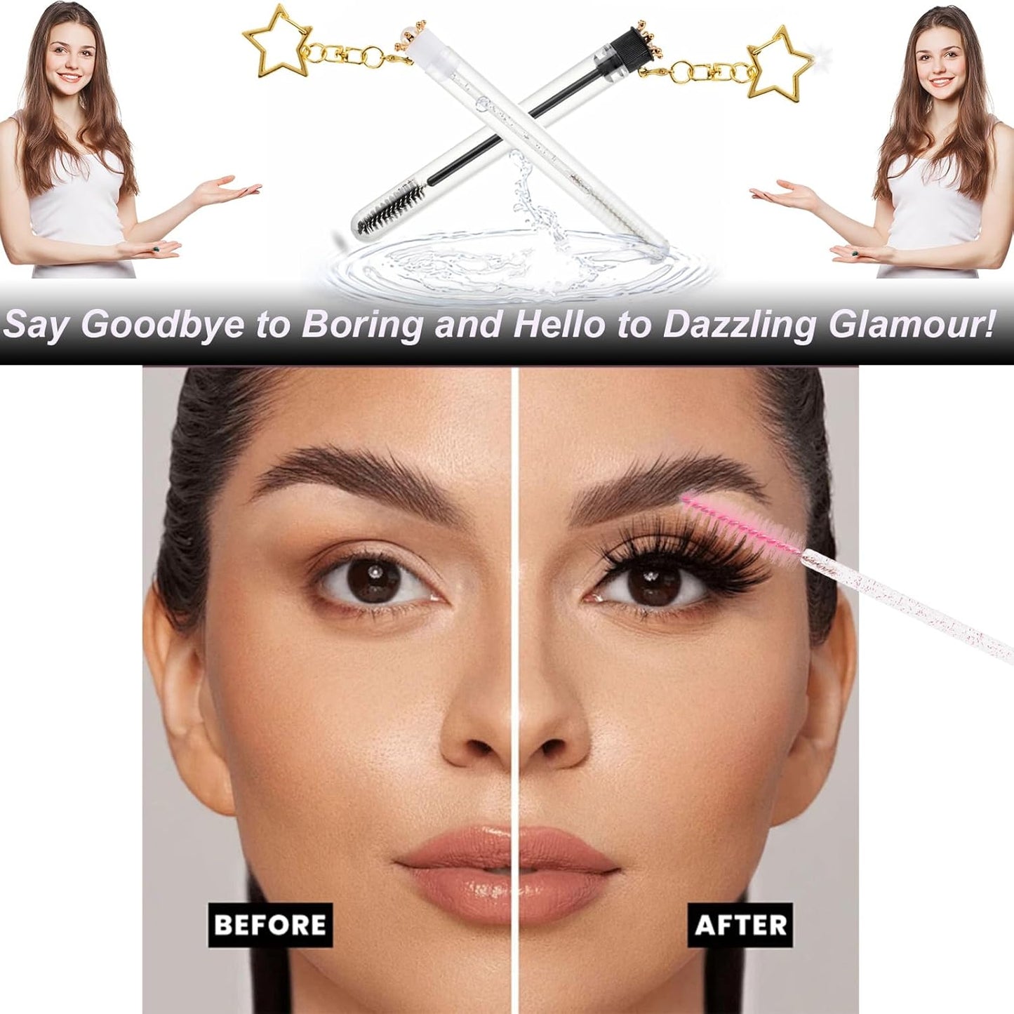 Upgrade 48 Pieces Disposable Mascara Wands Set,Extremely Durable Diamond Mascara for Women and Girls- Include 24 Pcs Crystal Lash Spoolies Brush and 24 Pcs Reusable Keychain Empty Eyelash Brush Tubes