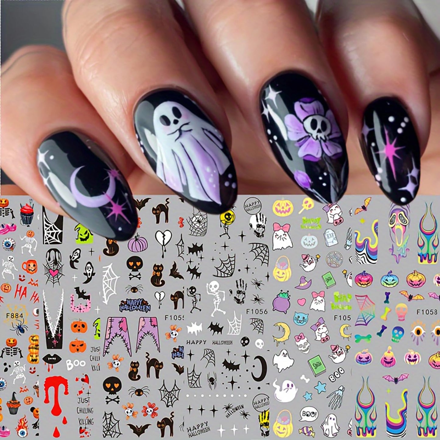 Halloween Nail Art Stickers 5 Sheets Cute Ghost Pumpkin 3D Self-Adhesive Nail Decals Spider Web Blood Flame Designs Manicure Art Fall Thanksgiving Nail Supplies for Women DIY Nail Decorations