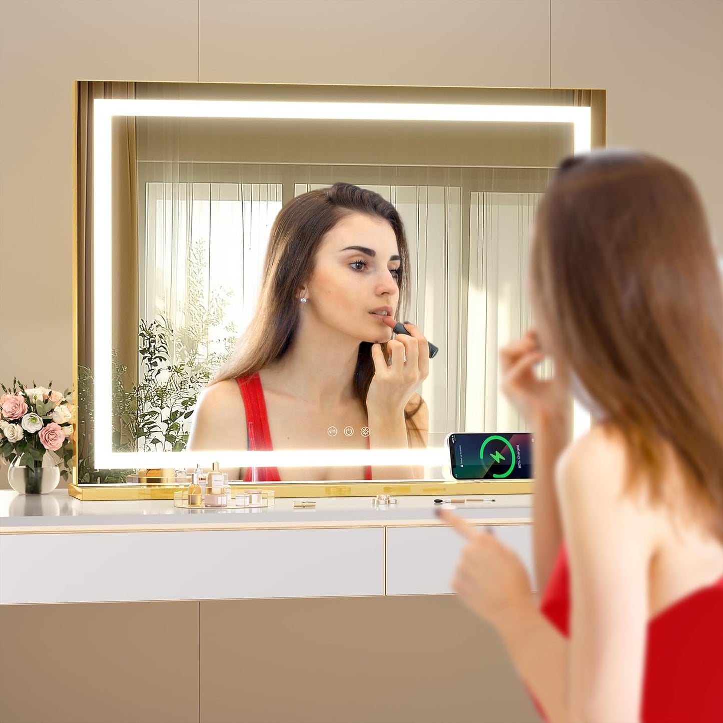Hasipu Vanity Mirror with Lights, 28" x 20" LED Makeup Mirror, Lighted Makeup Mirror with Dimmable 3 Modes, Touch Screen Control Vanity Mirror Square Gold