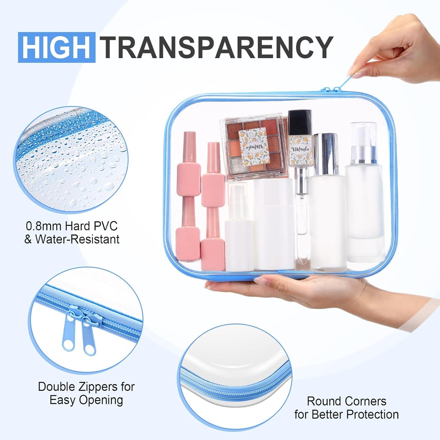 Hoolerry 3 Pcs Clear Hard Zipper Case Plastic Pouch Transparent Hard Case Clear Makeup Bag Portable Travel Organizer Bin for Cosmetics, Building Blocks, Puzzles(Blue,M)