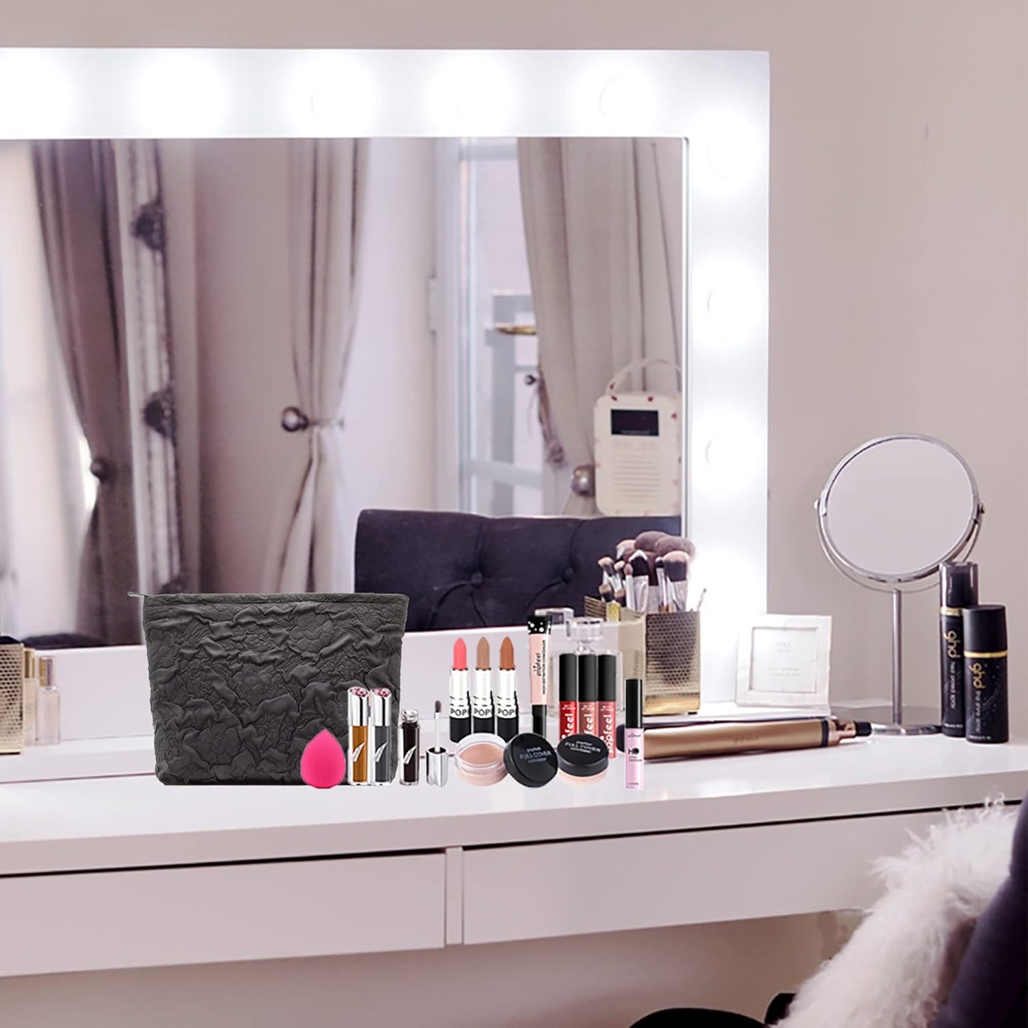 Makeup Bags for Purse Zipper Cosmetic Pouch Large Travel Canvas Make Up Organizer Tool Pouch for Women and Girls,Flower Black