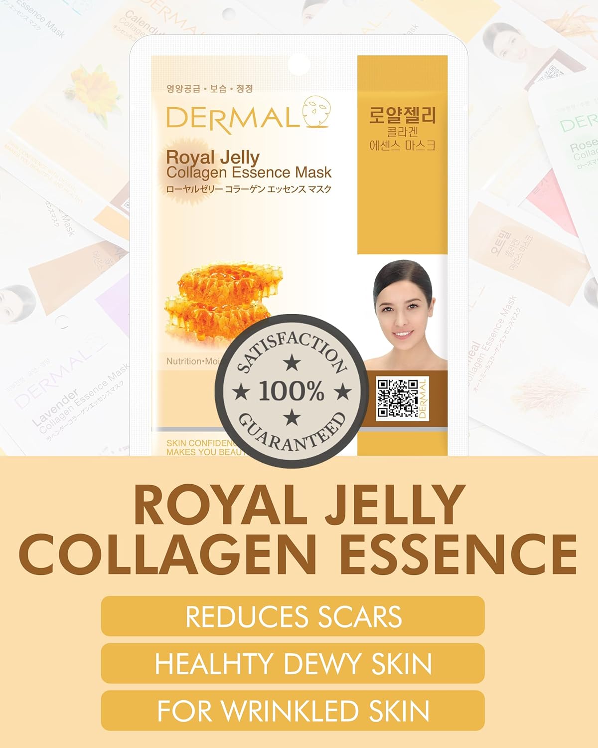 DERMAL Royal Jelly Collagen Essence Korean Facial Mask Sheet Pack of 10 - Intensive Moisture Therapy for Stress-Relief and Skin Elasticity - Hypoallergenic Skin Friendly Sheet