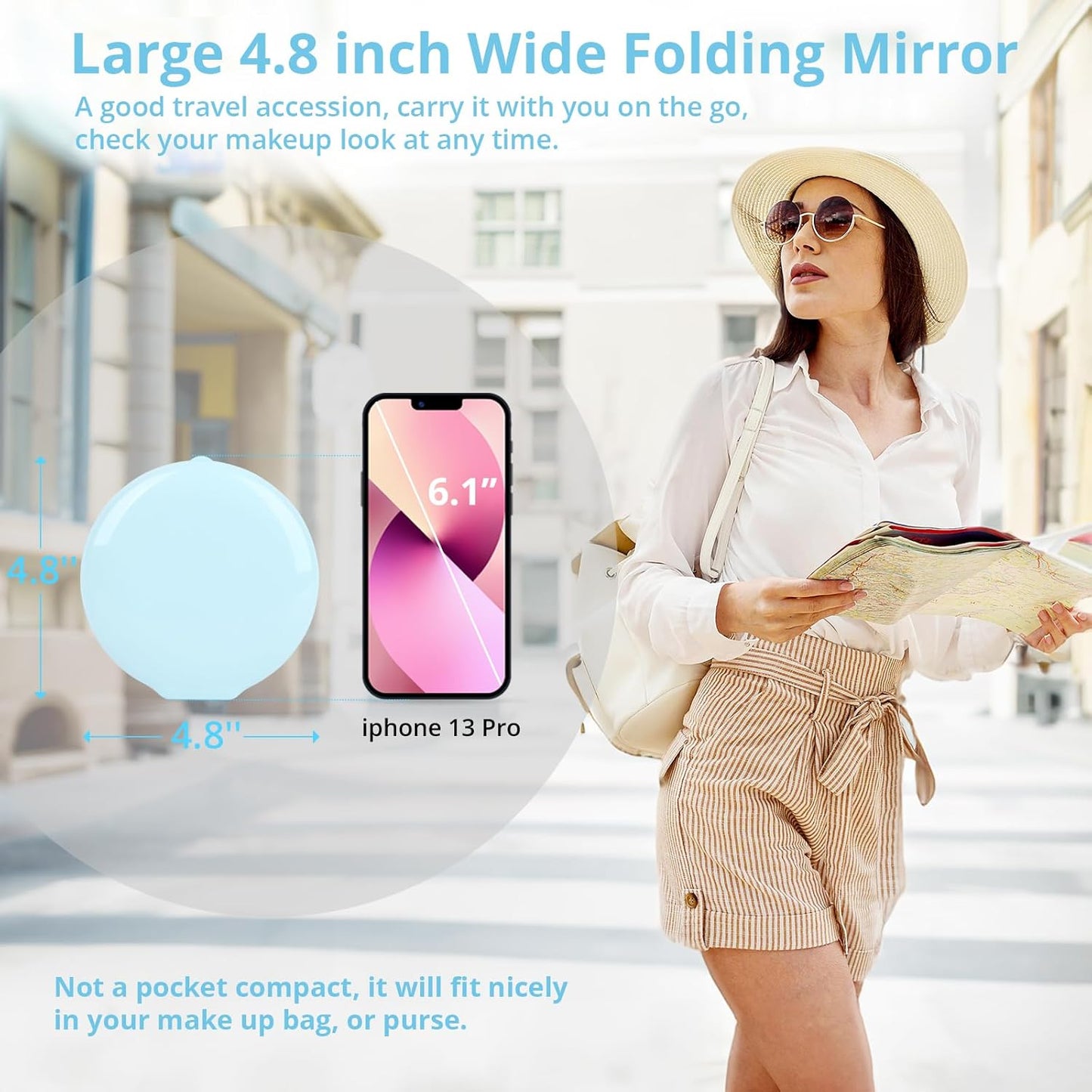 Fabuday Travel Compact Magnifying Makeup Mirror with Lights - Large 4.8'' Wide Led Lighted Portable Mirror with 1x/20x Magnification, Rechargeable Small Foldable 3 Color Lighting Mirrors, Blue