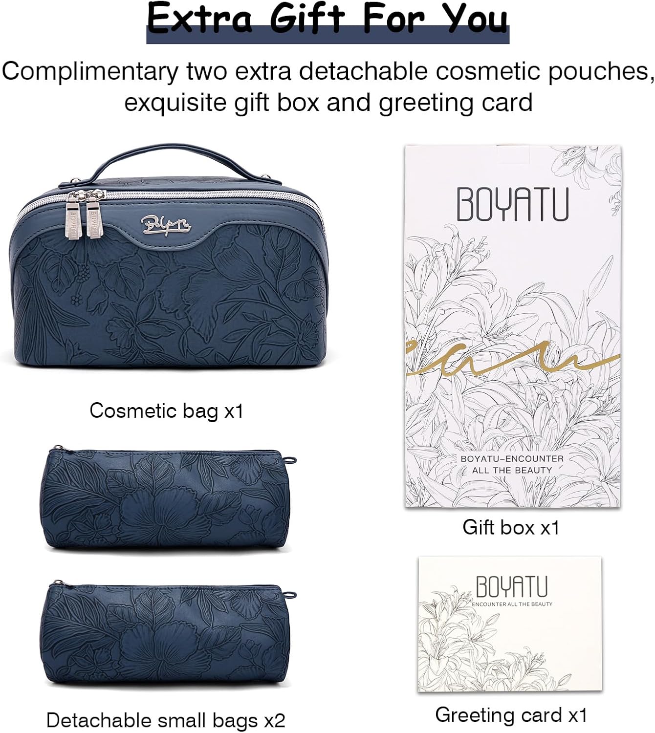 BOYATU Travel Makeup Bags Cosmetic Organizer Bag: 3-Set Large Capacity Make up Bag - PU Leather Toiletry Bags for Women - Wide Open Portable Pouch with Divider & Handle (02-Dark Blue)