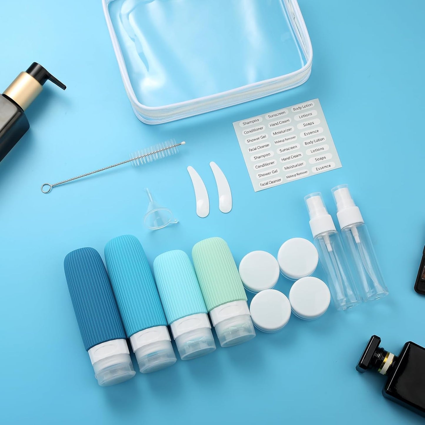 16 Pack Travel Bottles Set, TSA Approved Leak Proof Silicone Squeezable Containers for Toiletries, Refillable Travel Accessories for Conditioner, Shampoo, Lotion & Body Wash Accessories