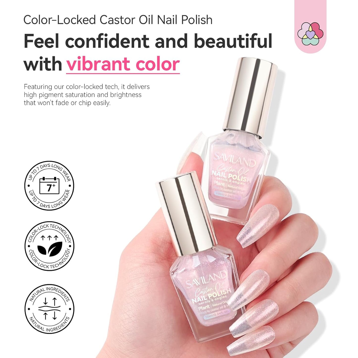 SAVILAND Color Artistry Pearl Pink Nail Polish: 7 Days Shimmer Aurora Finish Fingernail Polish Quick Dry Glitter Pink Fingernail Polish Regular Bulk Toe Nail Lacquer Non Gel DIY Home Women Manicure