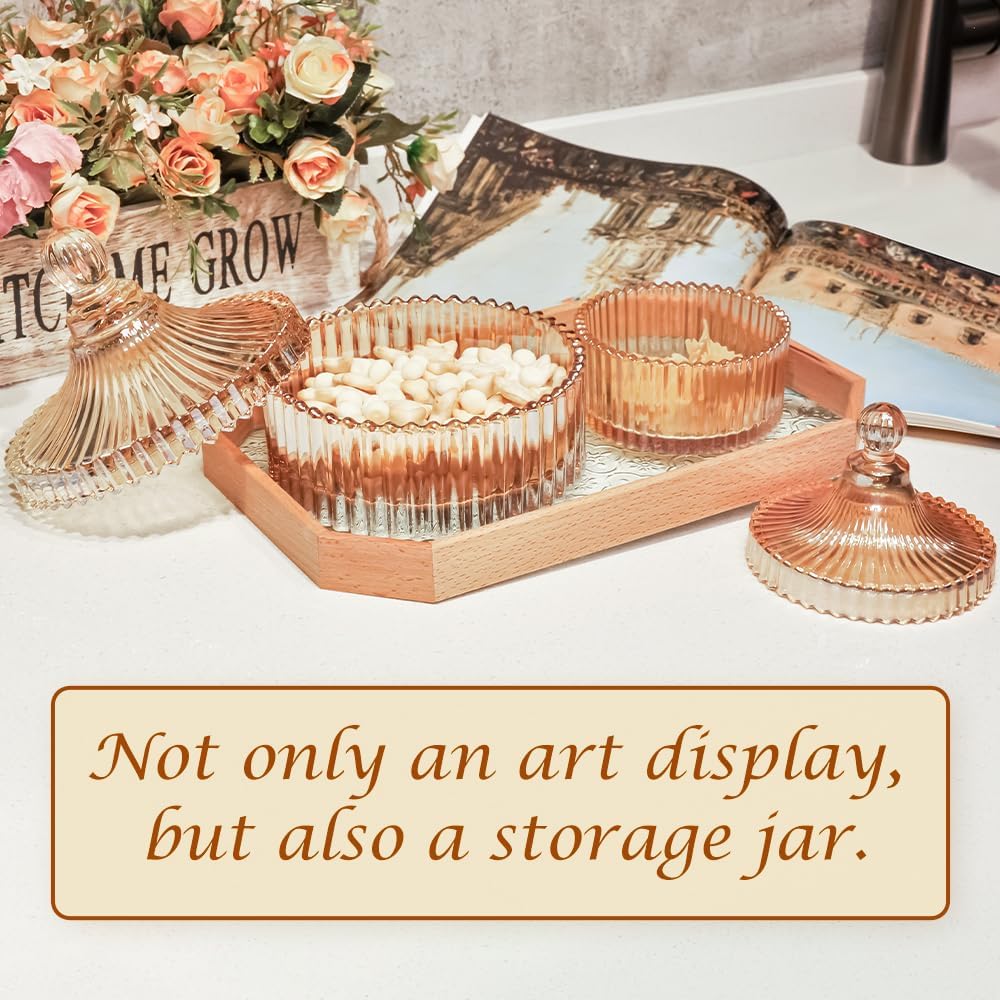 R FLORY 2 Pack Qtip Holder Apothecary Jars with Lids Glass Q Tip Holder for Bathroom Set Decorative Jars Crystal Bowl Jar Organizer for Cotton Swabs, Balls, Pads, Floss Picks (Amber,10+24oz)