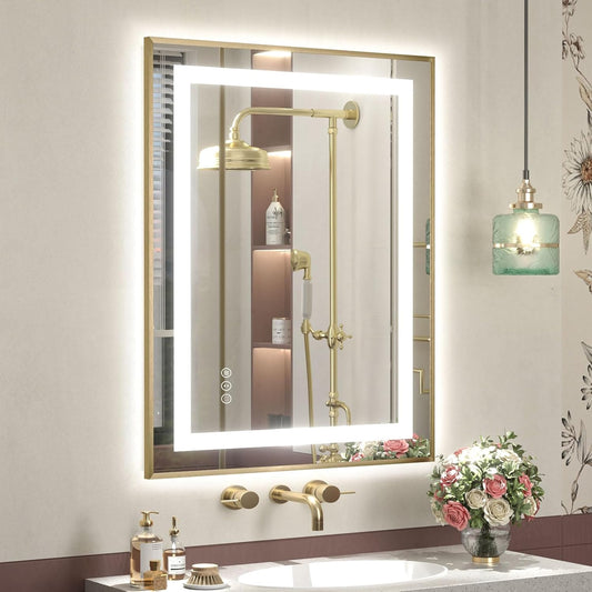 OKPAL 24x36 Gold LED Bathroom Mirror with Lights, Frontlit & Backlit Metal Framed Mirror, Lighted Bathroom Vanity Mirror, Anti-Fog, Dimmable 3 Colors, Shatterproof, Horizontal/Vertical