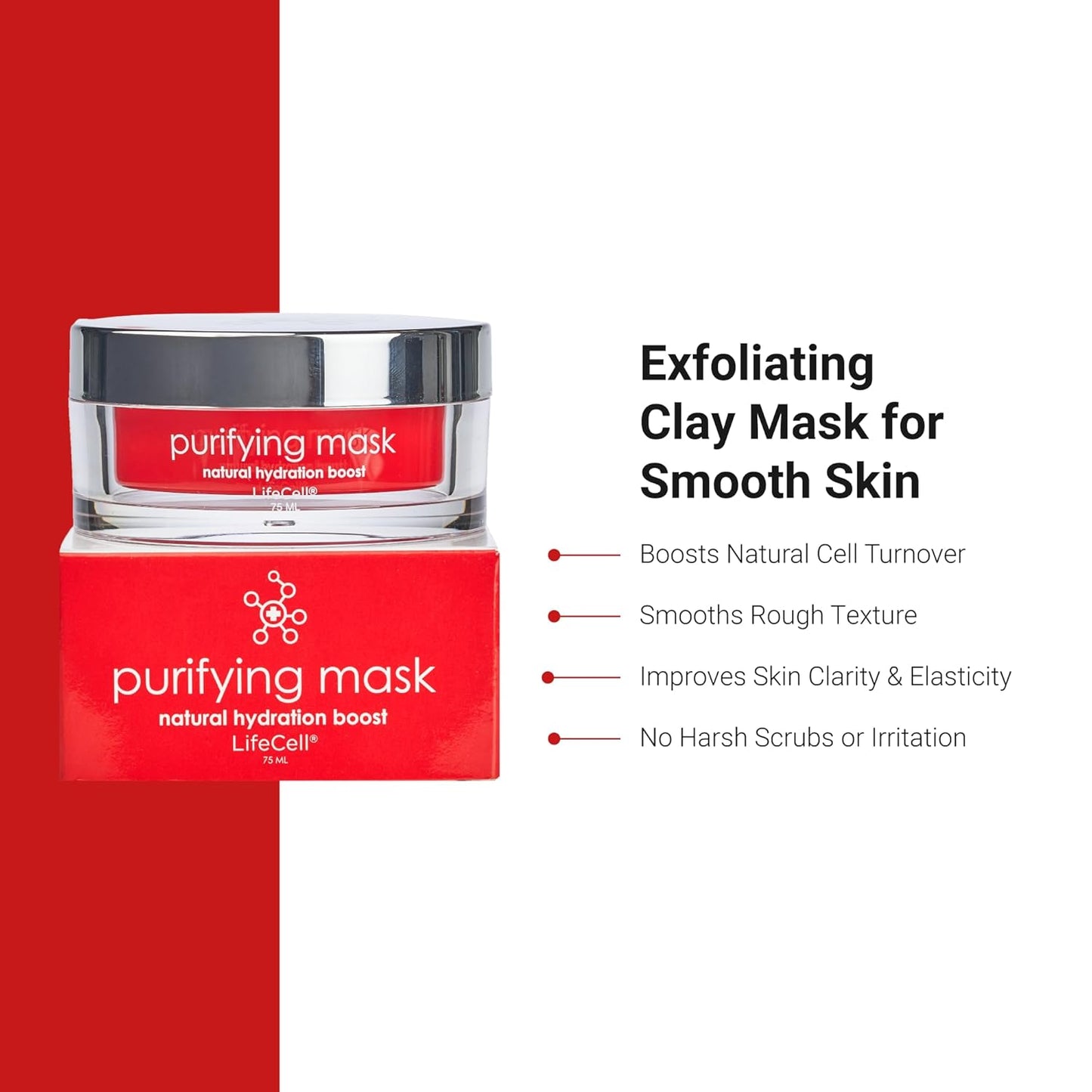 LifeCell Purifying Clay Mask – Deep Cleansing Facial Mask with Argan Oil, Green Tea, and Licorice Root – Exfoliates, Tightens Pores & Revitalizes Skin – 75ml