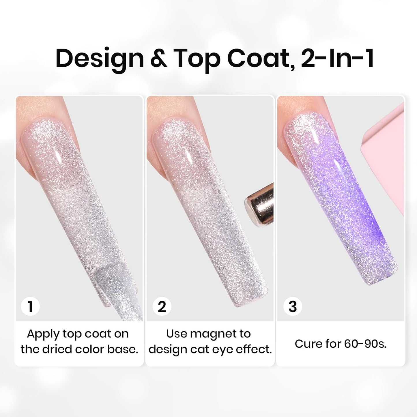 Beetles Cat Eye Gel Top Coat，2 in 1 Top Coat Gel Nail Polish & Cat Eye Magnetic Effect No Wipe - Shine Finish and Long Lasting, Soak Off LED Nail Lamp Nail Art Design Manicure Diy at Home