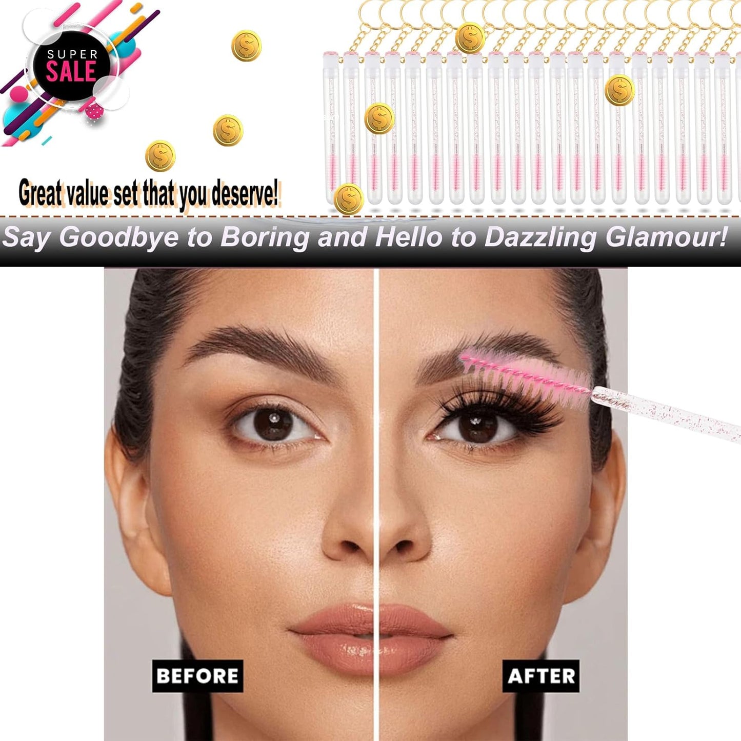 Upgrade 48 Pieces Disposable Mascara Wands Set,Mascara Brush Tube for Women and Girls- Include 24 Pcs Crystal Lash Spoolies Brush and 24 Pcs Reusable Keychain Empty Eyelash Brush Tubes(Pink)