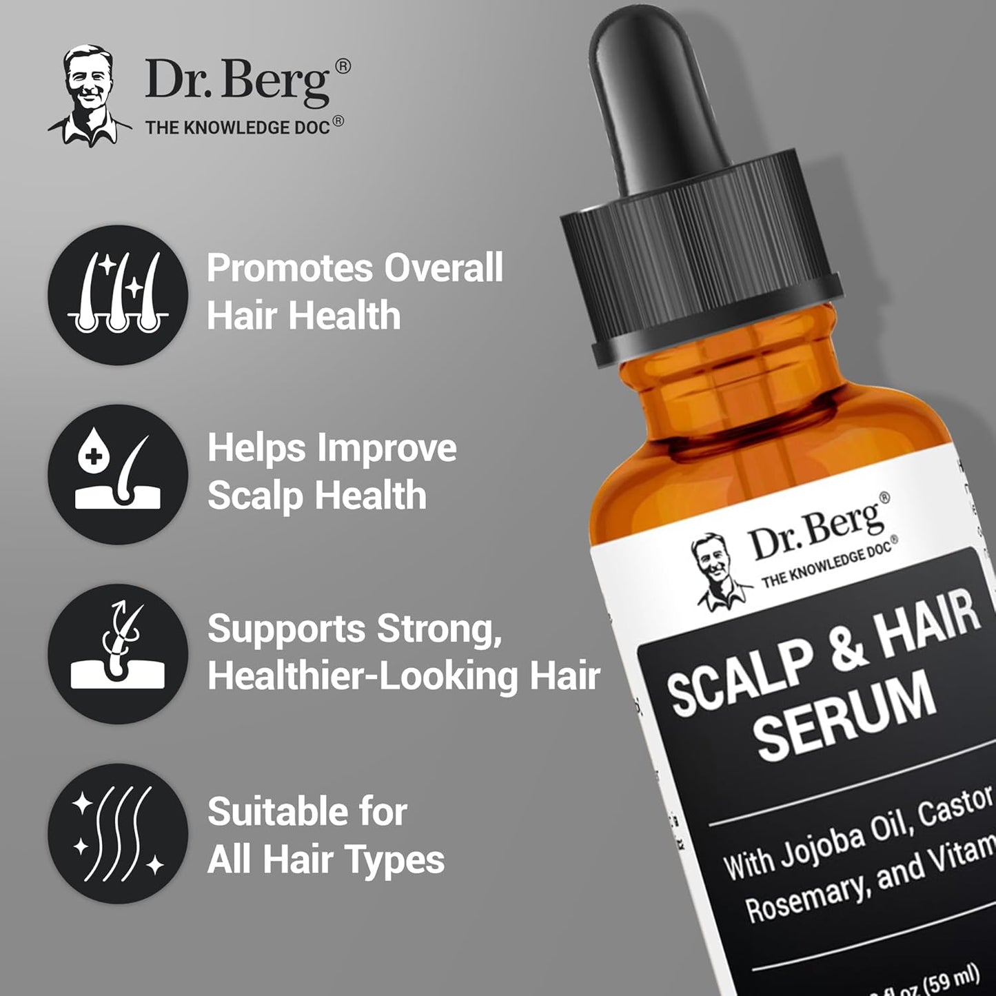 Dr. Berg Scalp & Hair Serum (Improved Formula) with Vitamin D3 & E - Clinically Tested, Paraben- and Sulfate-Free Hair Oil for Women & Men - Includes Rosemary Oil, Castor Oil & Jojoba Oil - 2 Fl oz