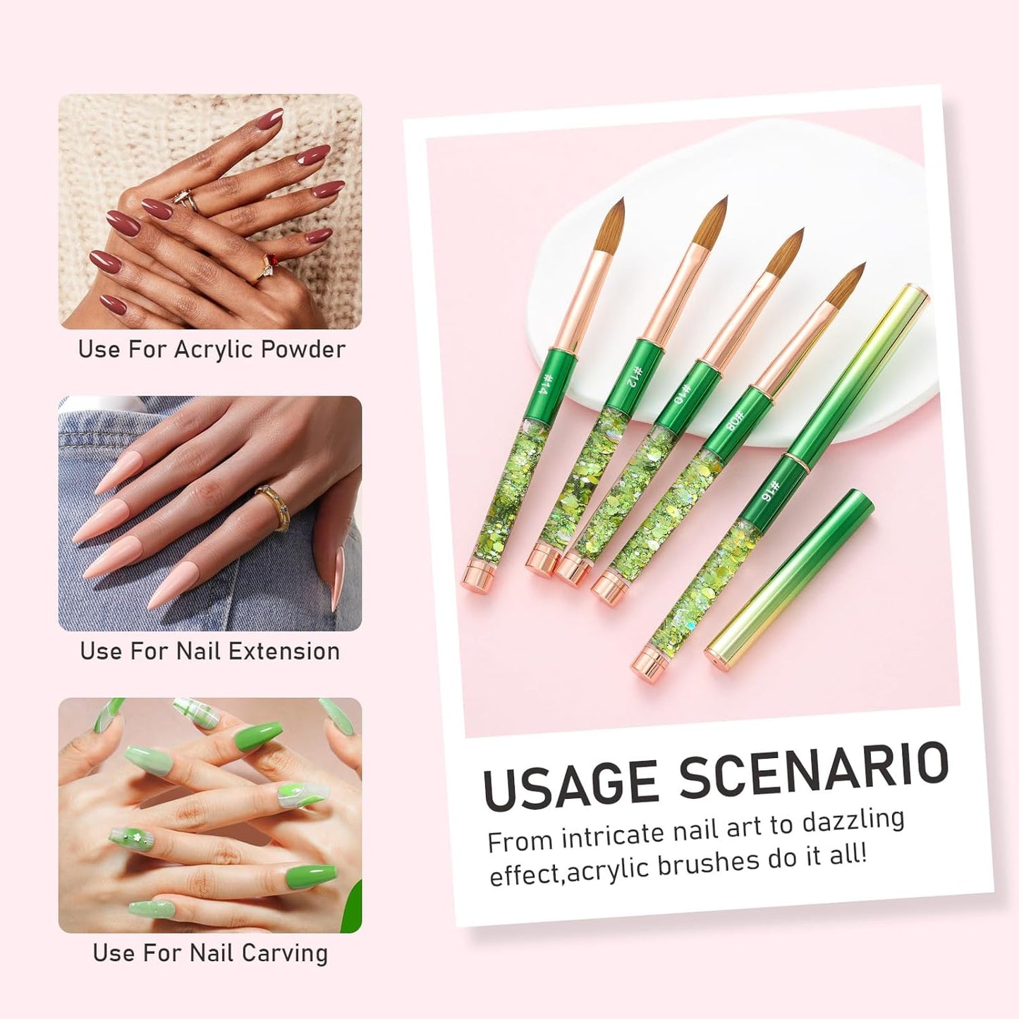 Acrylic Nail Brush Size #14, KEMEISI 100% Pure Kolinsky Nail Art Brushes Sturdy Handle Oval Shaped Acrylic Powder Nail Design Tools for Professional Manicure DIY Home Salon (Green)