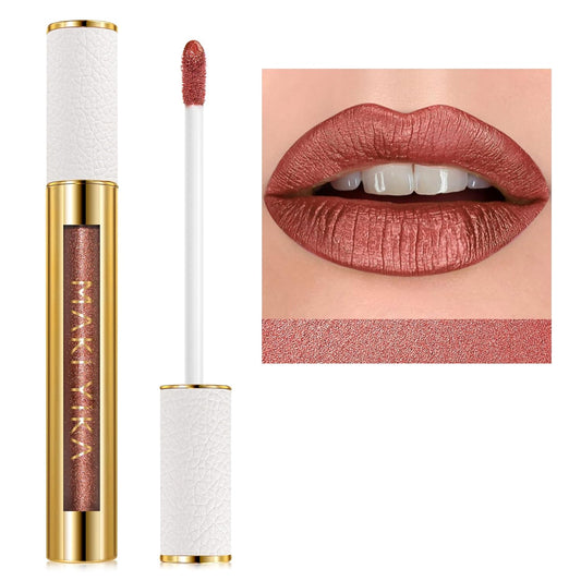MAKI YIKA Metallic Lipsticks Long Lasting Brown Lipstick for Women, High Shine Glitter Lipstick No Smudge Transferproof iquid Lip Gloss (BR09 Celebration)