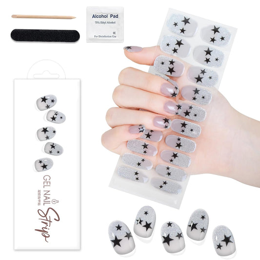 WOKOTO 1 Sheet Semi Cured Gel Nail Strips With Wood Stick, Nail File & Prepared Pads, 20 Tips Star & Glitter French Semi Cured Nail Polish Strips, Harden With UV Light Gel Nail Stickers Wraps