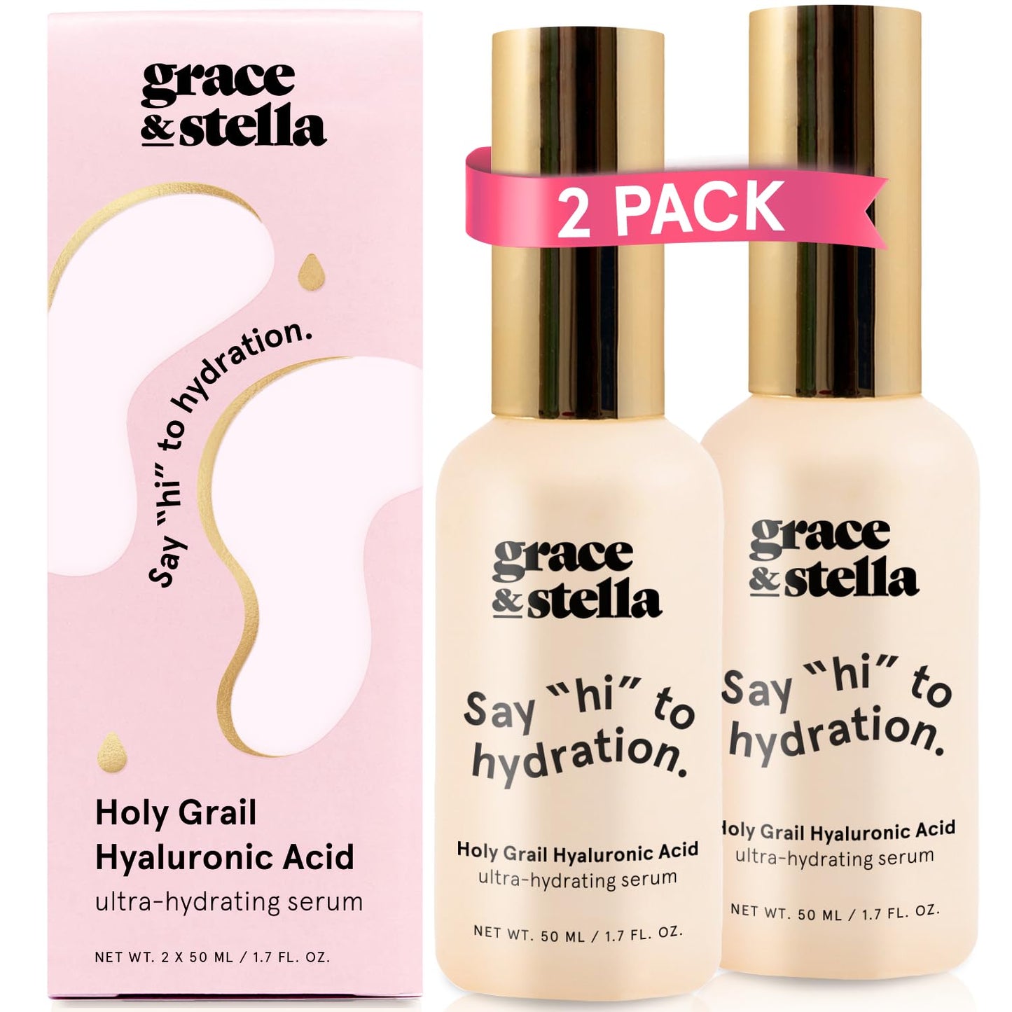 grace & stella Award Winning Hyaluronic Acid Face Serum (50ml/1.7 fl oz) Removes Fine Lines & Wrinkles, Hydrating Hyaluronic Acid Serum for Face, Acido Hialuronico for Women - Vegan Skincare (2-Pack)