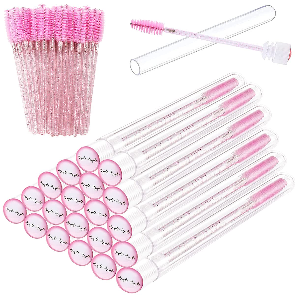 Mascara Wand Brushes Tubes Set-70 Pieces Disposable Eyelash Brushes Replacement with 20 Pieces Empty Container Tubes for Eyelash Extension Lash (Pink Eyelash)