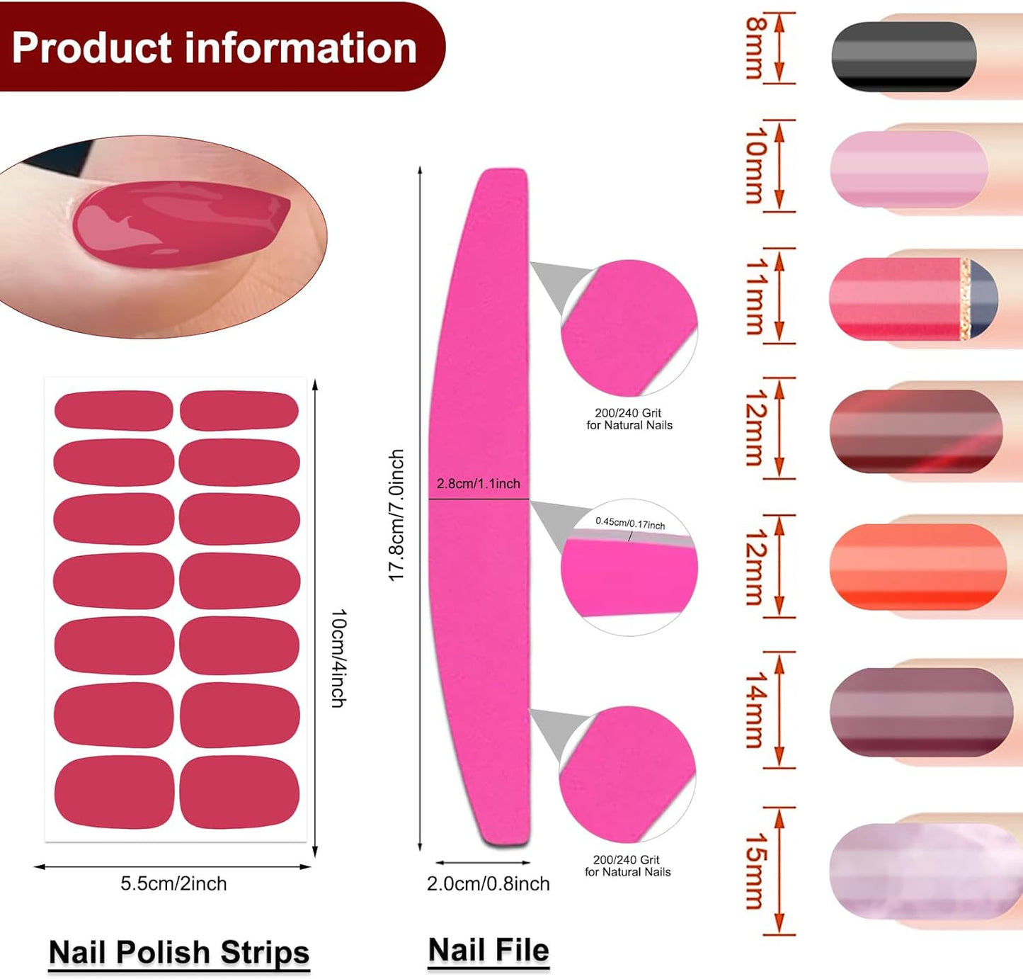 SILPECWEE 560 Pieces 40 Sheets Nail Polish Strips, Red Nail Stickers Full Nail Wraps for Women, Self Adhesive Gel Strips Manicure Design, Fingernail Sticker Nails with File