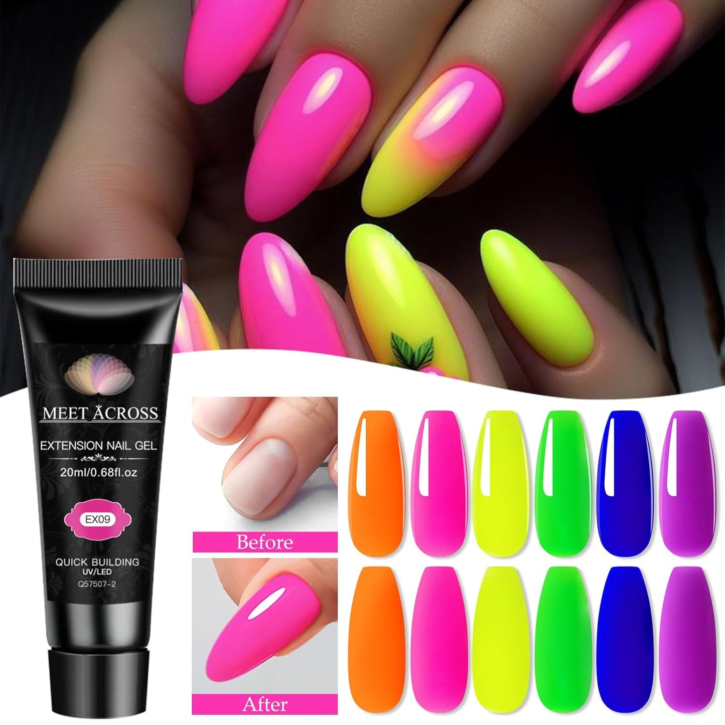 Neon Poly Nail Gel Set - 6 Colors Halloween Pink Neon Green Yellow Orange Bright Colors Poly Extension Nail Gel Polish Kit Soak Off UV Long Lasting Enhancement Solution for Salon DIY at Home