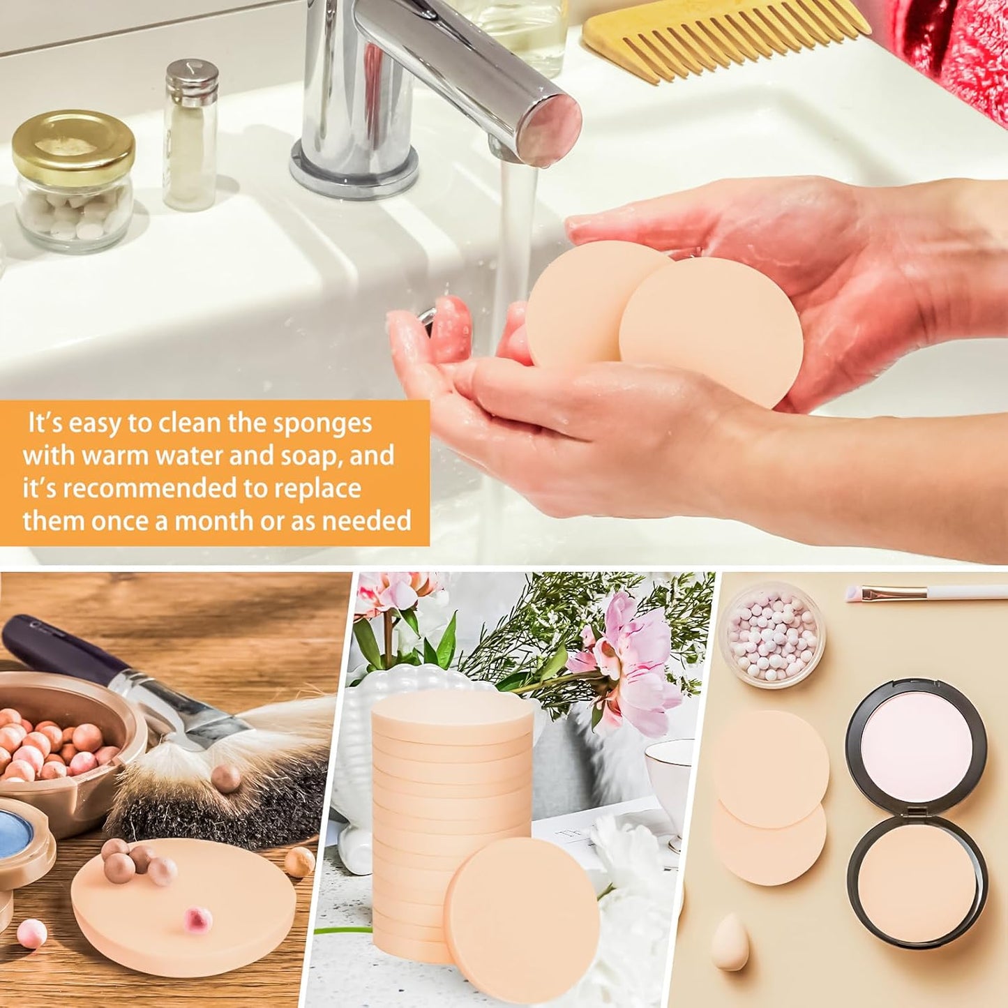 MotBach 60 PCS Nude Round Makeup Sponge, Cosmetic Sponge Round Foam Pad Eye Facial Powder Puff, Beauty Makeup Foundation Powder Blender for Women Lady All Skin Types Wet and Dry Dual Use