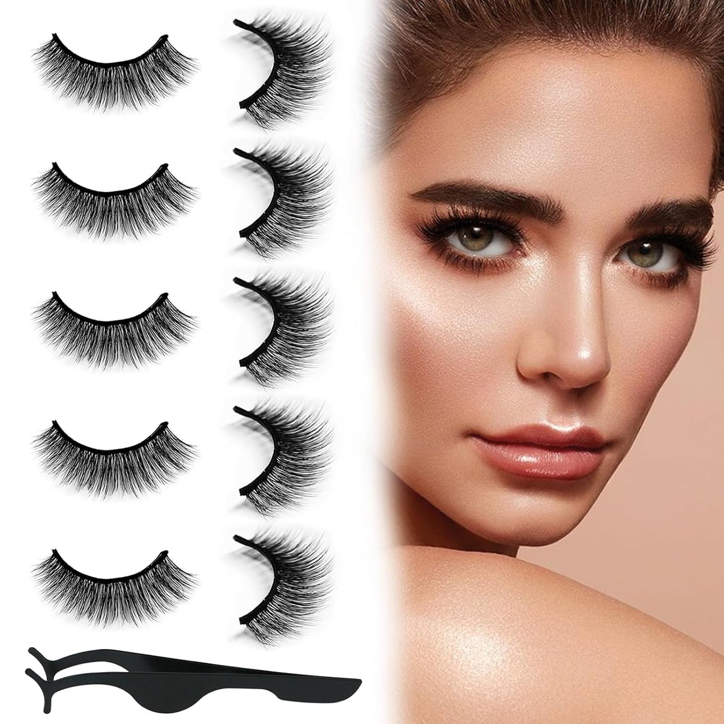 Self Adhesive Eyelashes Natural Look False Eyelashes Reusable Self Stick Lashes, No Glue Needed, 5 Pairs Mixed