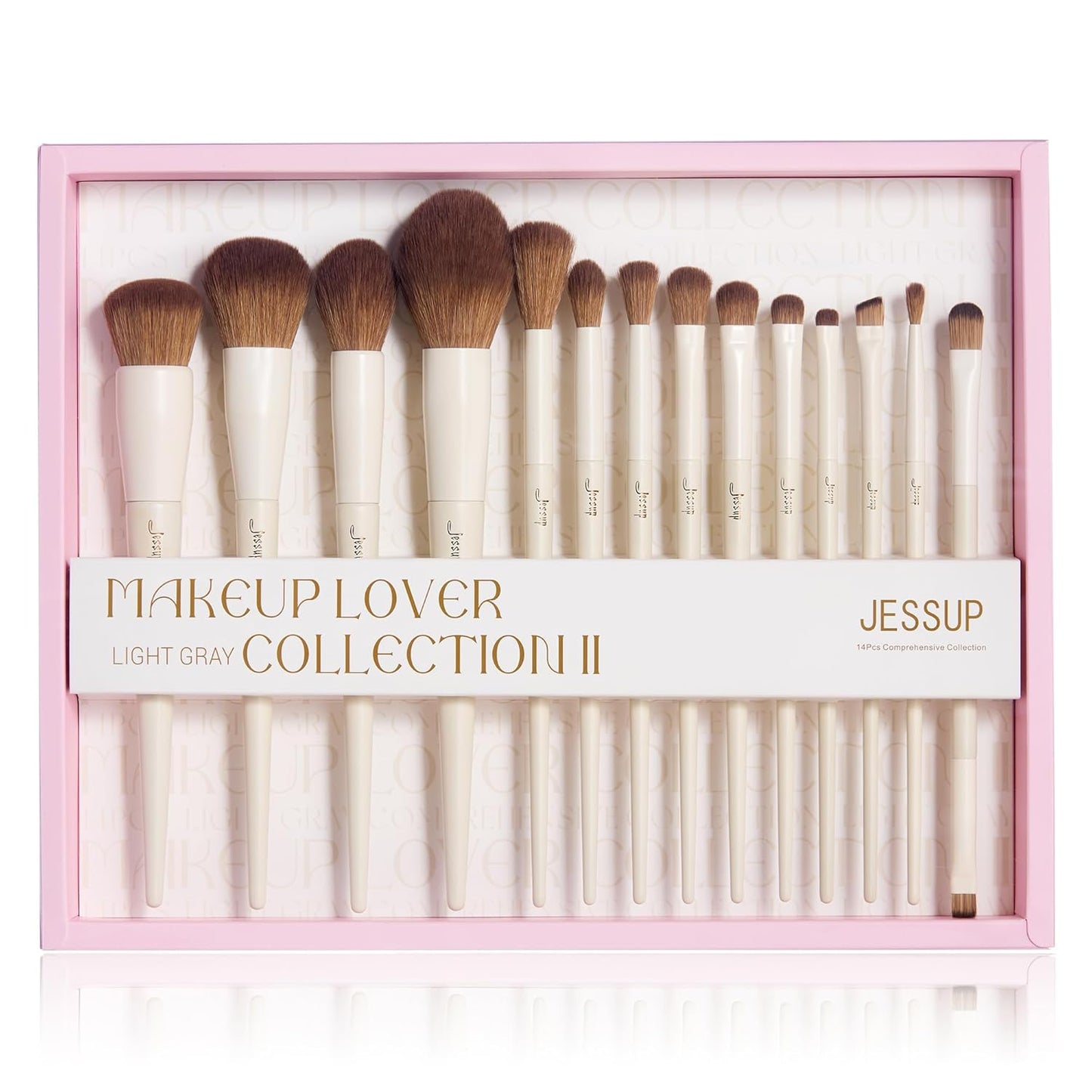 Jessup Makeup Brushes 14Pcs Makeup Brush Set Premium Synthetic Powder Foundation Contour Blush Concealer Eye Shadow Blending Liner Make Up Brush Kit Light Grey with Gift Box, T329-G