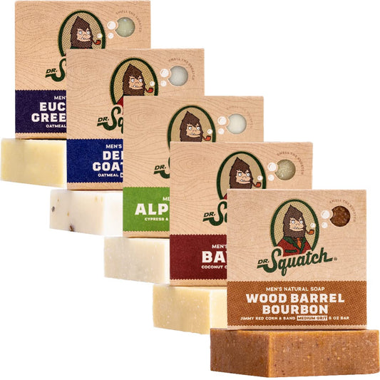 Dr. Squatch Natural Bar Soap for Men - Cold Process Soap with No Harsh Chemicals - Alpine Sage, Bay Rum, Bourbon, Eucalyptus & Goat's Milk (5 oz, 5-Pack)