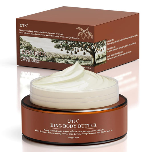 King Body Butter for Men, Mixed Woody Fragrance & Orange Blossom, Warm and Sensual Scent, Organic Shea & Jojoba Seed Oil, Moisturizing Formula with All-Day Fragrance,3.52oz, Enhance Attractiveness