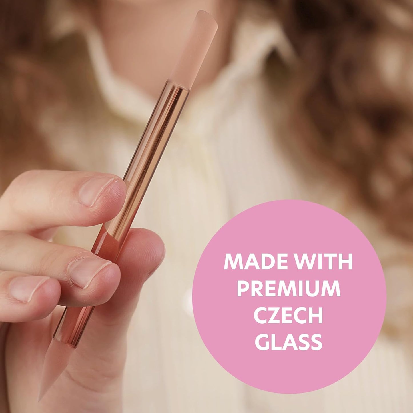 BONA FIDE BEAUTY Glass Cuticle Pusher, 1-Pieces Pink Gentle Czech Manicure Stick for Cuticle Remover, Long-Lasting Double-Sided Reusable Glass Stick