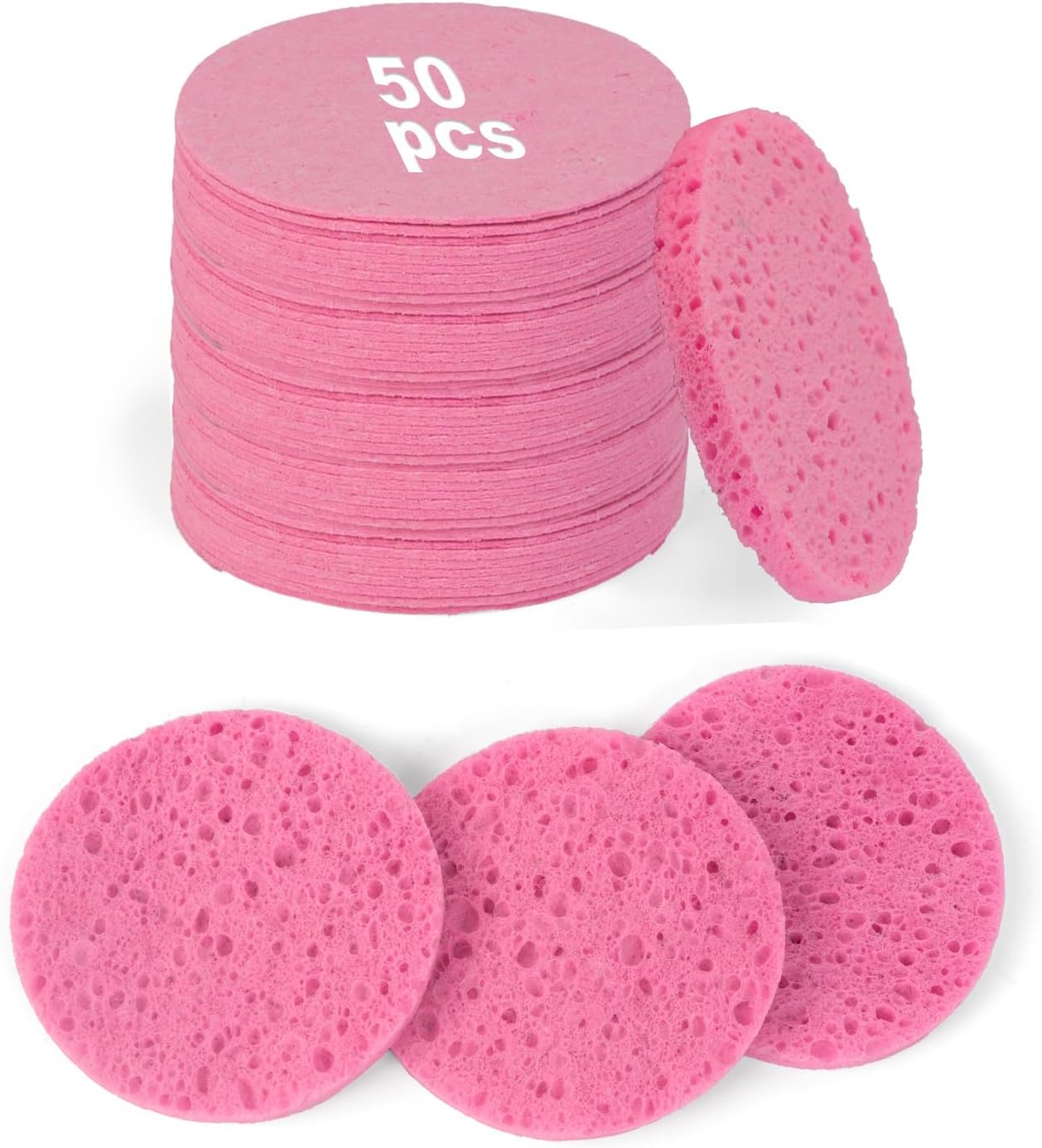 50-Count Compressed Facial Sponges,100% Natural Cellulose Cosmetic Make Up Sponges for Face Daily Facial Cleansing,Exfoliating,Makeup Removal(Pink)