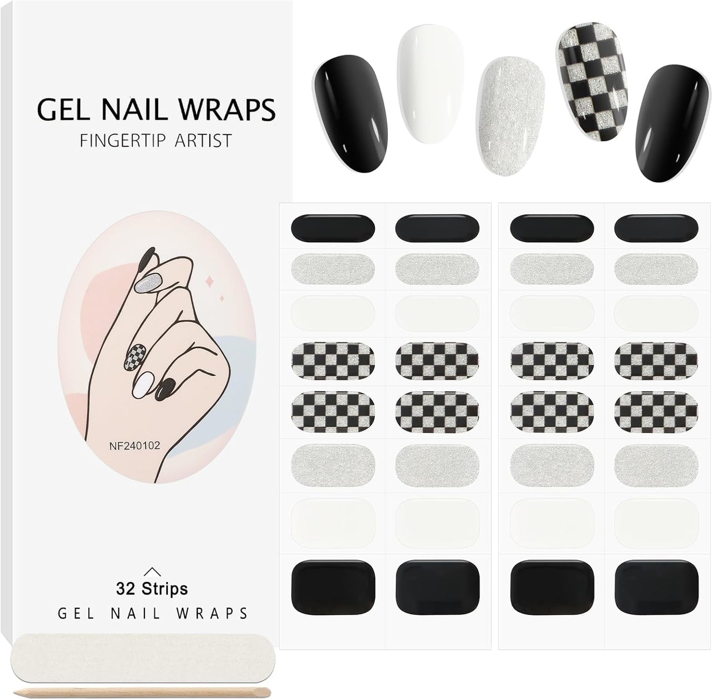32PCS Semi-Cured Gel Nail Strips EBANKU Nail Polish Stickers Long-Lasting Semi-Cured Gel Nail Wraps Full Nail Polish Wraps Shiny Nail Decors Gel Nail Art Stickers UV/LED Lamp Required (Black Plaid)