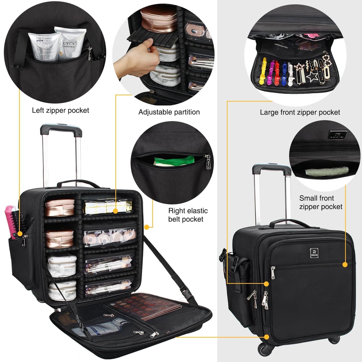 Relavel Rolling Makeup Case Professional Makeup Train Case Makeup Artist Travel Organizer 5 in 1 with Detachable Cosmetic Case and Dual Makeup Brush Case and Wheels (Black, 4-Pack)