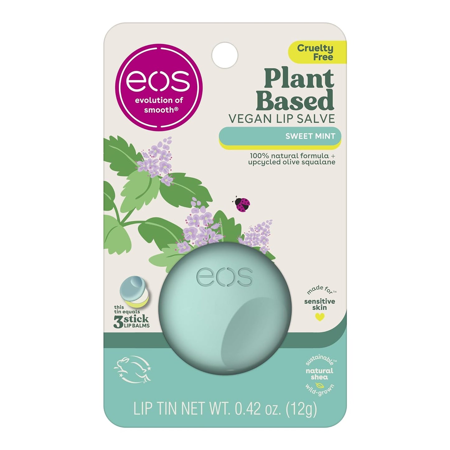 eos Plant-Based Vegan Lip Salve - Sweet Mint, 100% Natural Formula, Cocoa Butter Lip Balm with Upcycled Olive Squalane, Cruelty-Free, 0.42 oz