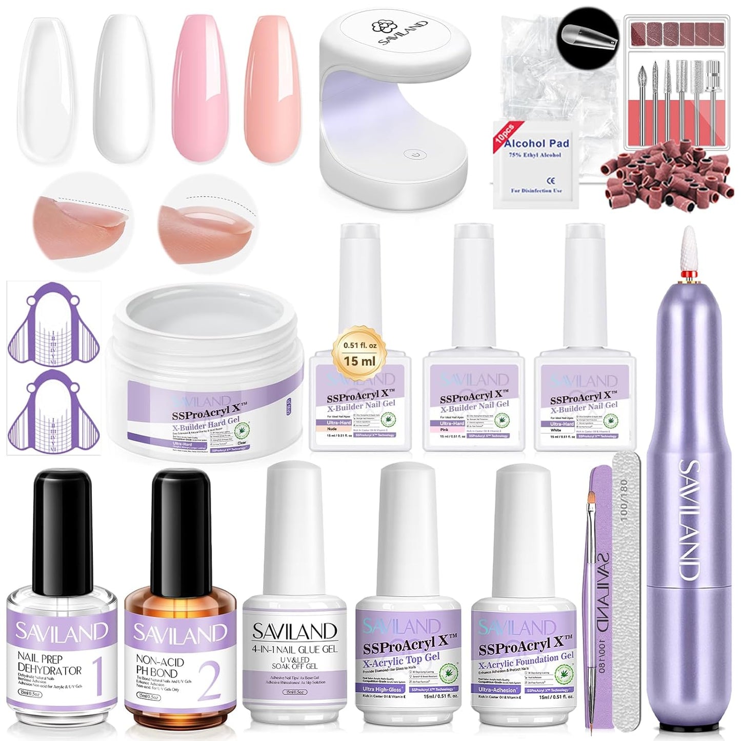 SAVILAND Builder Nail Gel Kit with Nail Drill: Clear Pink Nude White Gel Builder for Nails VE Castor Oil Ultra - Hard Gel with U V Lamp Base Top Coat for Nail Apex Extension Strengthener SSProAcryl X