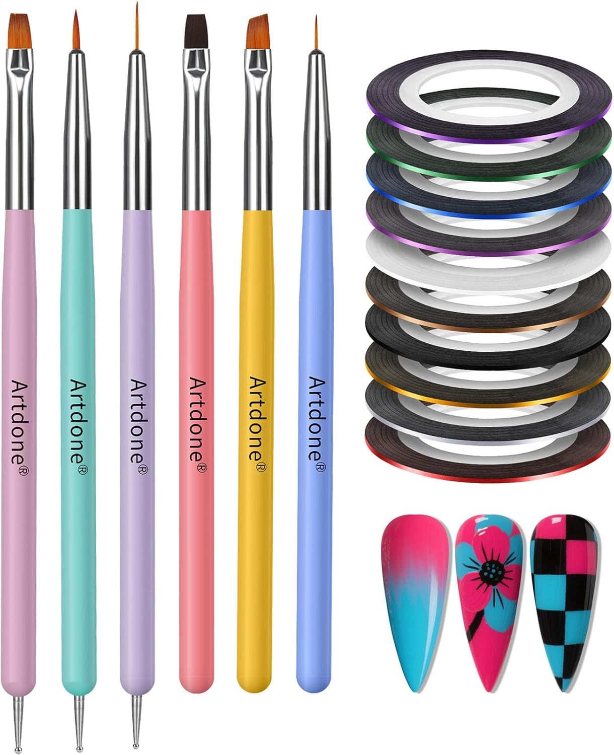 Artdone Nail Striping Tape Lines Kit With Nail Art Pens Dotting Tools And Liner Brushes For Gel Polish Small Detail Drawing Design Paint