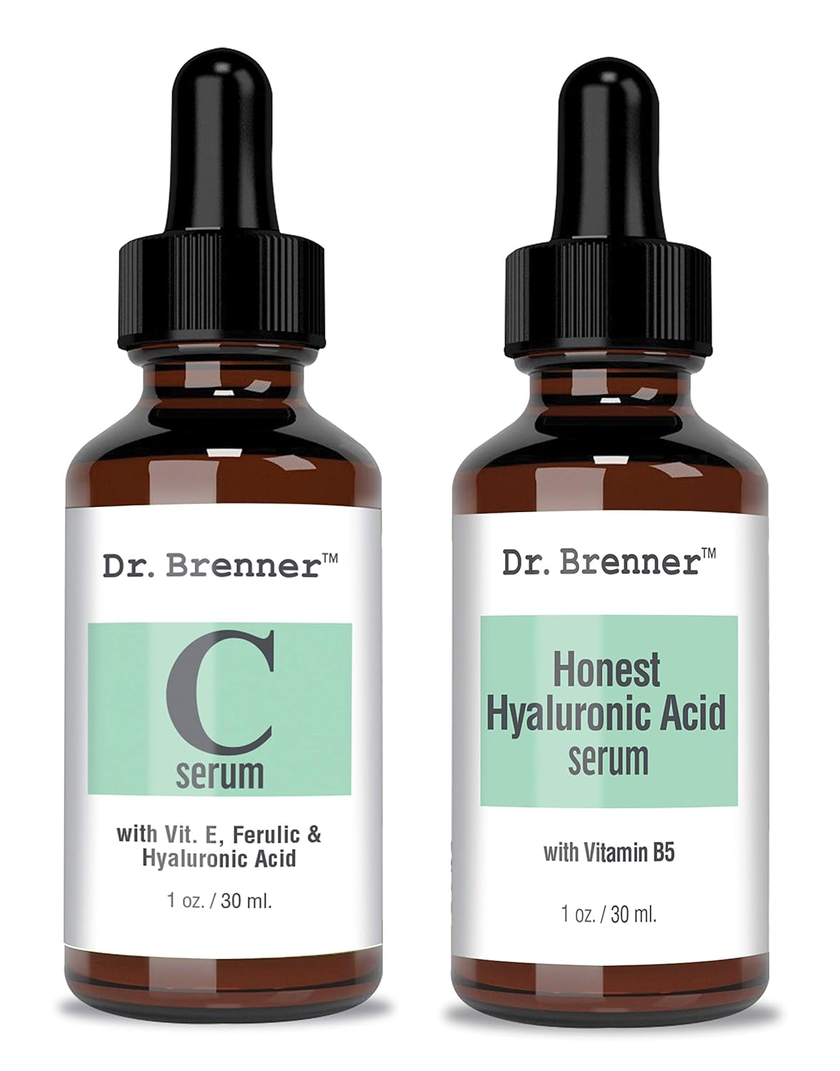 Vitamin C Serum 20% Pure L-Ascorbic Acid, Ferulic Acid, Vitamin E and HA and Hyaluronic Acid Serum with Vitamin B5 for Face and Eyes Natural Anti Aging Anti Wrinkle Set of 2 by Dr. Brenner