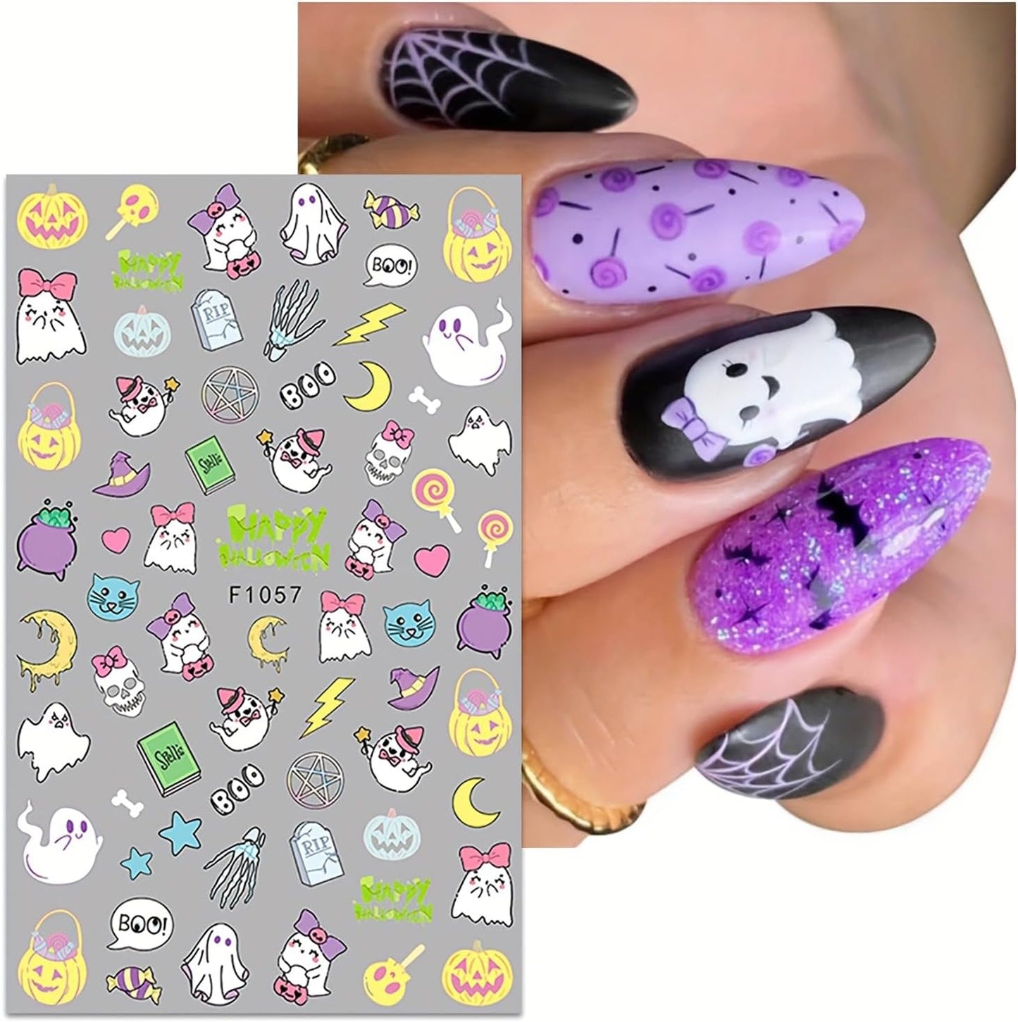 Halloween Nail Art Stickers 5 Sheets Cute Ghost Pumpkin 3D Self-Adhesive Nail Decals Spider Web Blood Flame Designs Manicure Art Fall Thanksgiving Nail Supplies for Women DIY Nail Decorations