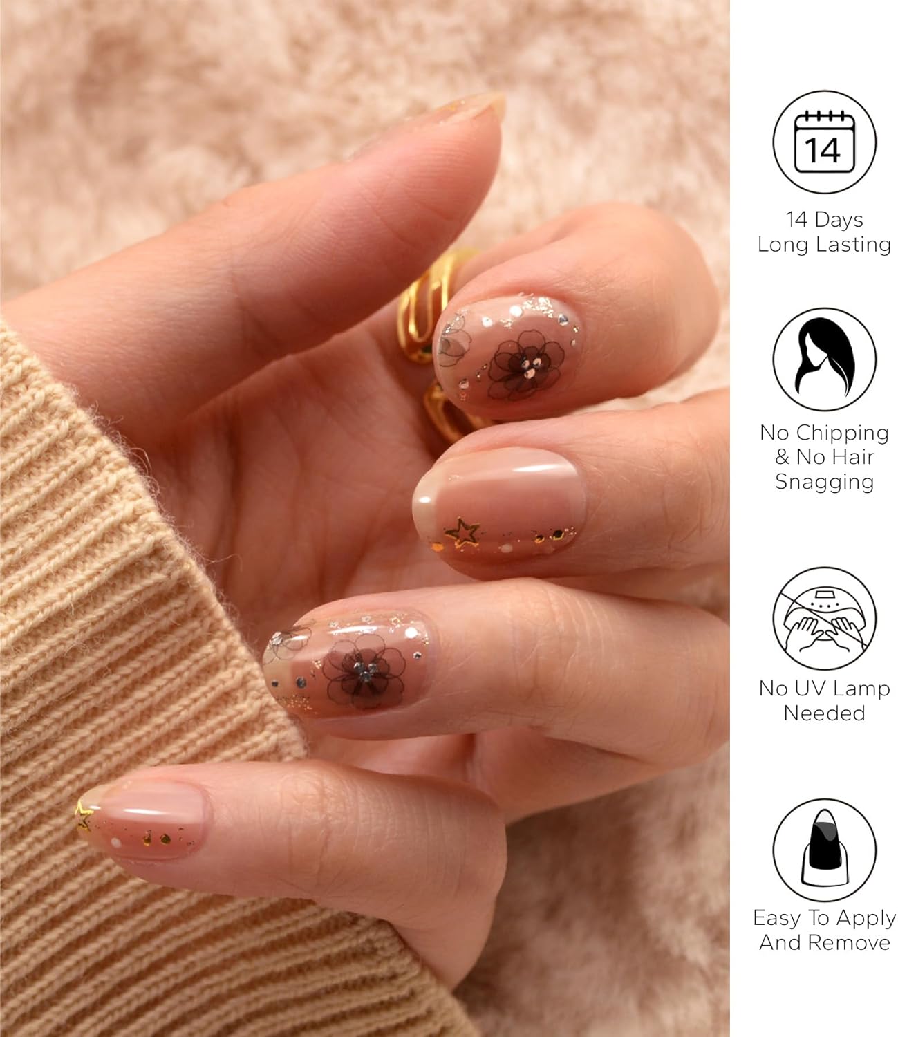 Nail Polish Strips, 20Pcs Salon Quality Gel Nail Stickers, Easy Long Lasting Wraps for Short Nails no UV Light Needed (Grey Flower)