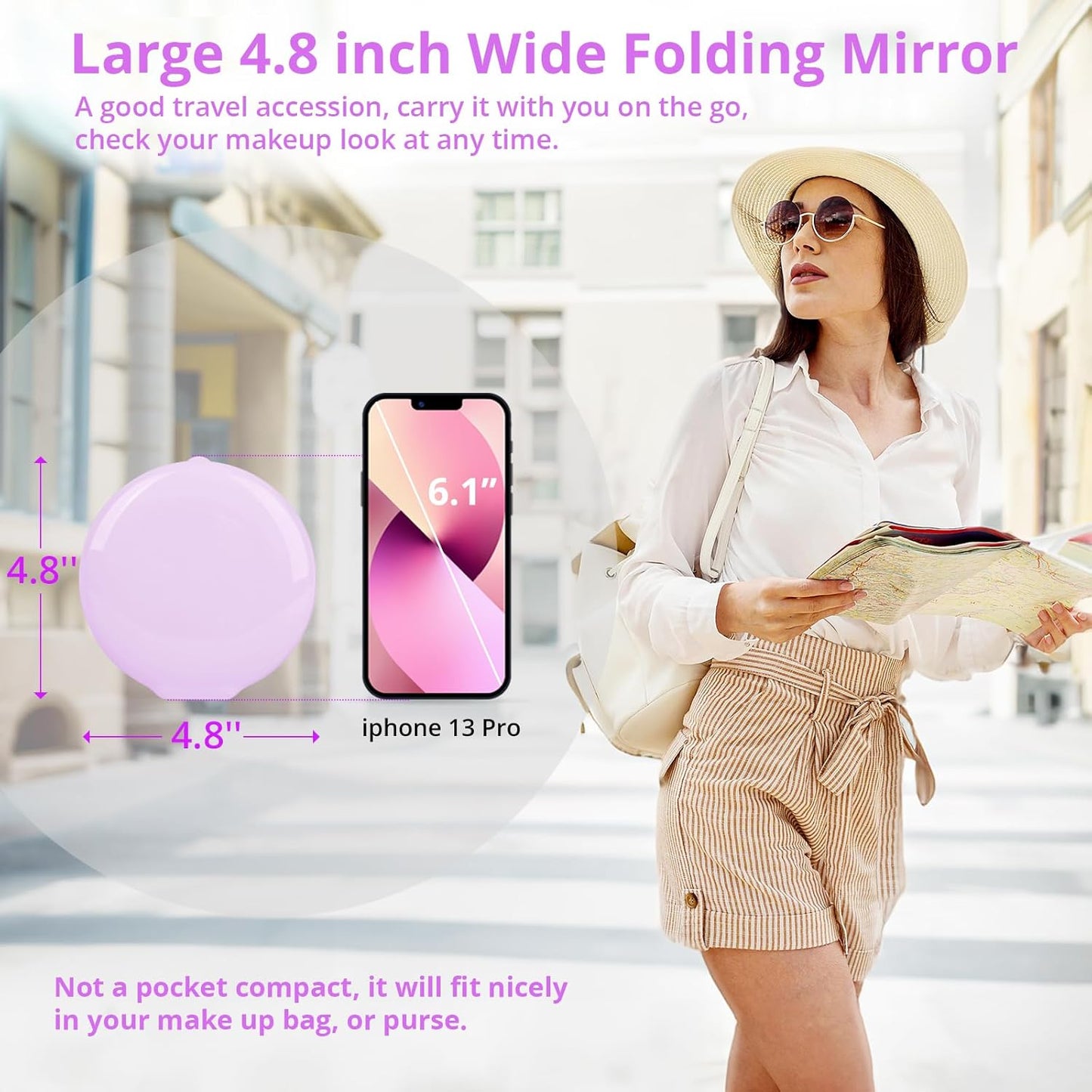 Fabuday Travel Compact Magnifying Makeup Mirror with Lights - Large 4.8'' Wide Led Lighted Portable Mirror with 1x/20x Magnification, Rechargeable Small Foldable 3 Color Lighting Mirrors, Purple
