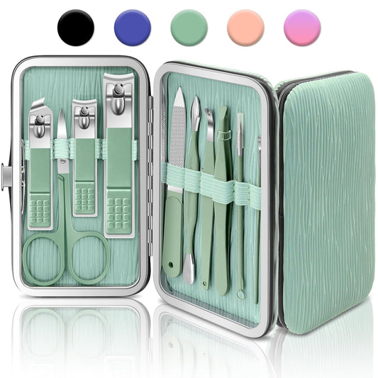 BLESWIN 10-Piece Nail Care Kit, Professional Manicure Set with Green Leather Case, Ideal for Women & Men
