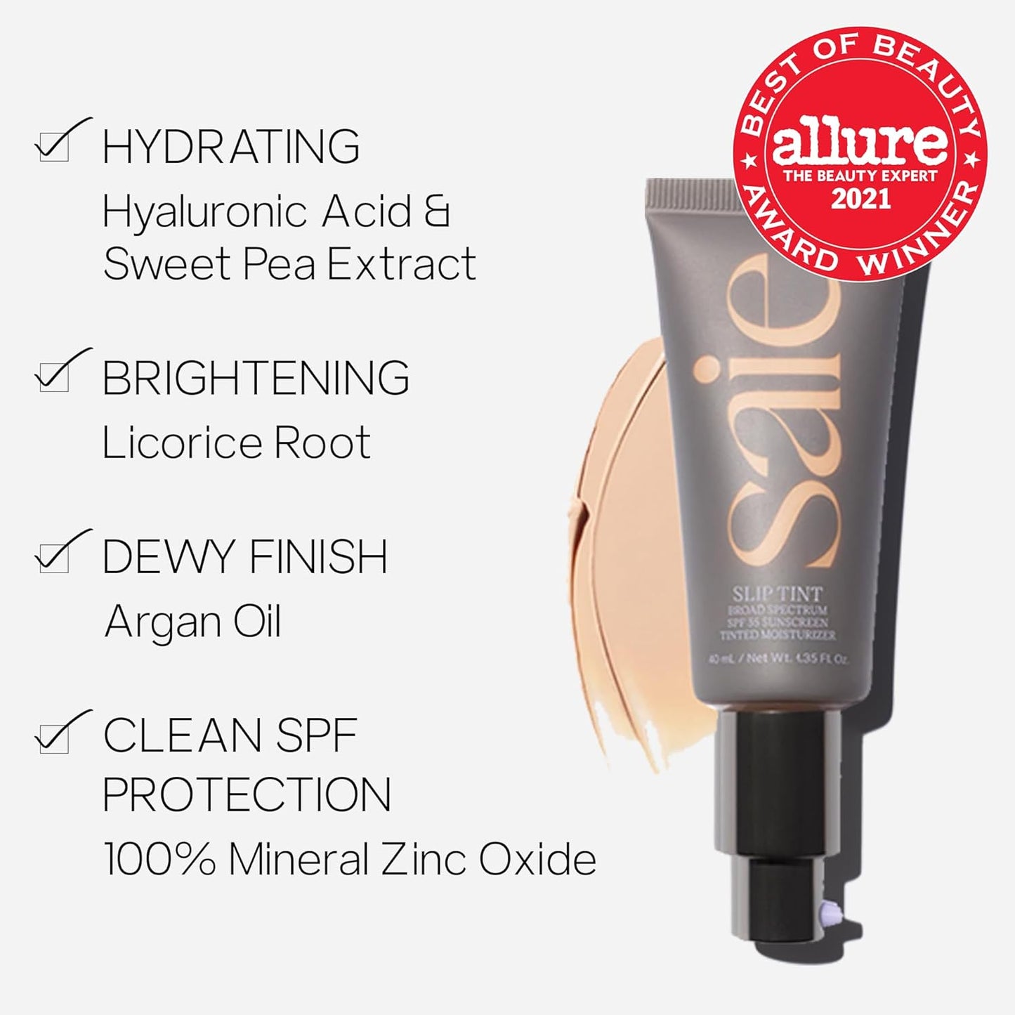 Saie Slip Tint Tinted Moisturizer with SPF 35 - Light Coverage, Glowy Skin Tint & Mineral Sunscreen for Face with Hydrating Hyaluronic Acid - Summer Makeup Essential - Shade Eight (1.35 oz)