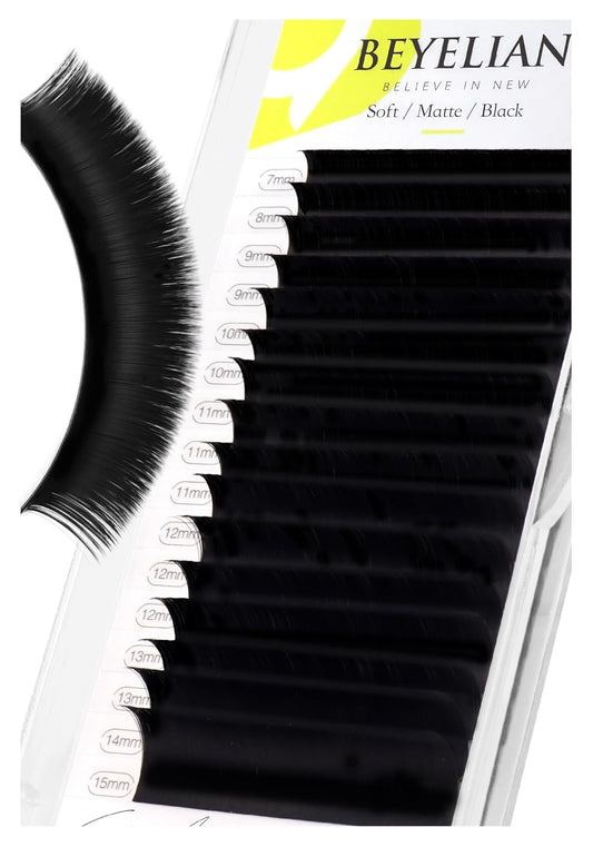 BEYELIAN Eyelash Extension Natural Matte Black 0.10 C Curl 7-15mm Tray Easy Fan Lash Extensions Volume Lashes 100°/212°F High Temperature Resistant Classic Professional Use (0.10 C 7-15mm Mix)