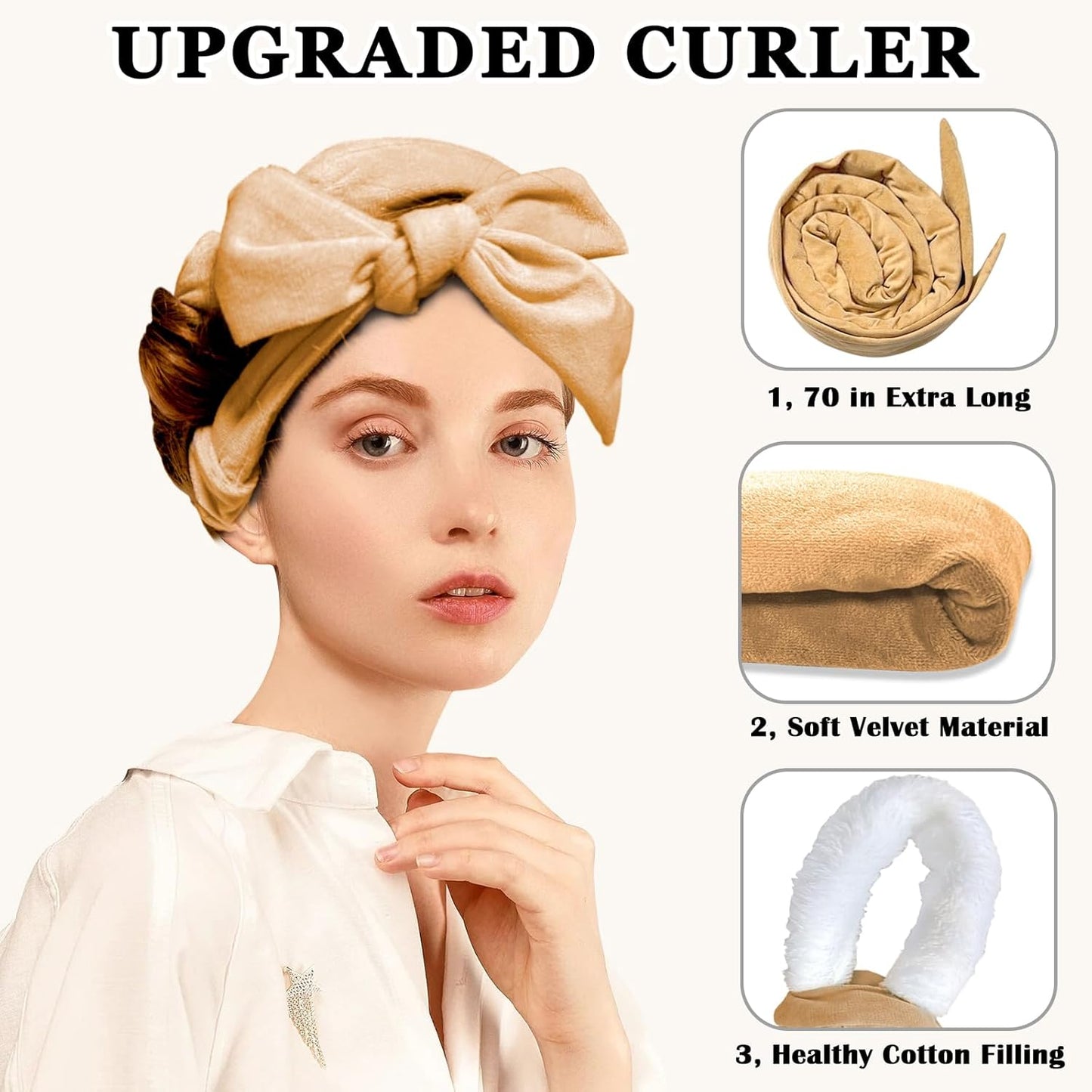 70" Soft Hair Curlers for Overnight Curls - No Heat Curl Wrap with 9 Rods for Long Hair, Khaki