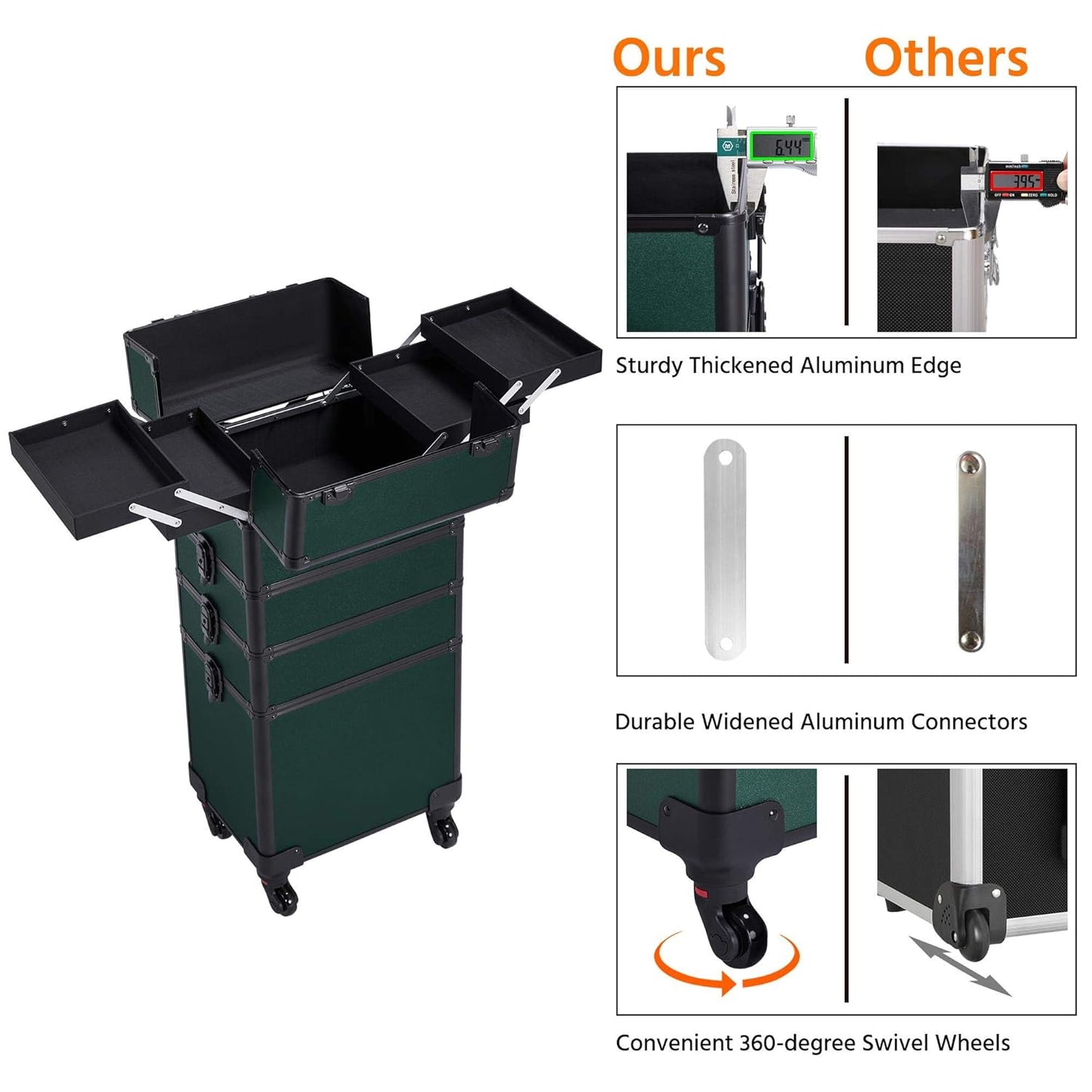 Yaheetech 4 in 1 Aluminum Rolling Makeup Case Professional Cosmetic Case Makeup Train Case Cosmetic Organizer Makeup Trolley Dark Green