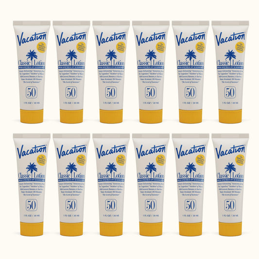 Vacation Mini Classic Lotion SPF 50, Water-Resistant, Mini Sunscreen Bulk Party Favor, Beach Must Haves, Traveling Essentials, Suntan Lotion Travel Size, 1 Fl. Oz. (Value Pack of 12)
