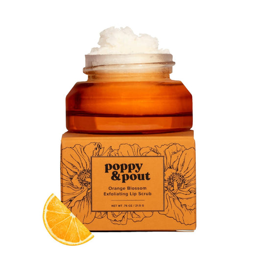 Poppy & Pout Natural Lip Scrub, Moisturizing Sugar Scrub for Dry Lips, Lip Scrubber Exfoliator with Essential Oils Smooths and Hydrates Lips, In Recyclable Glass Jars, Cruelty Free - Orange Blossom