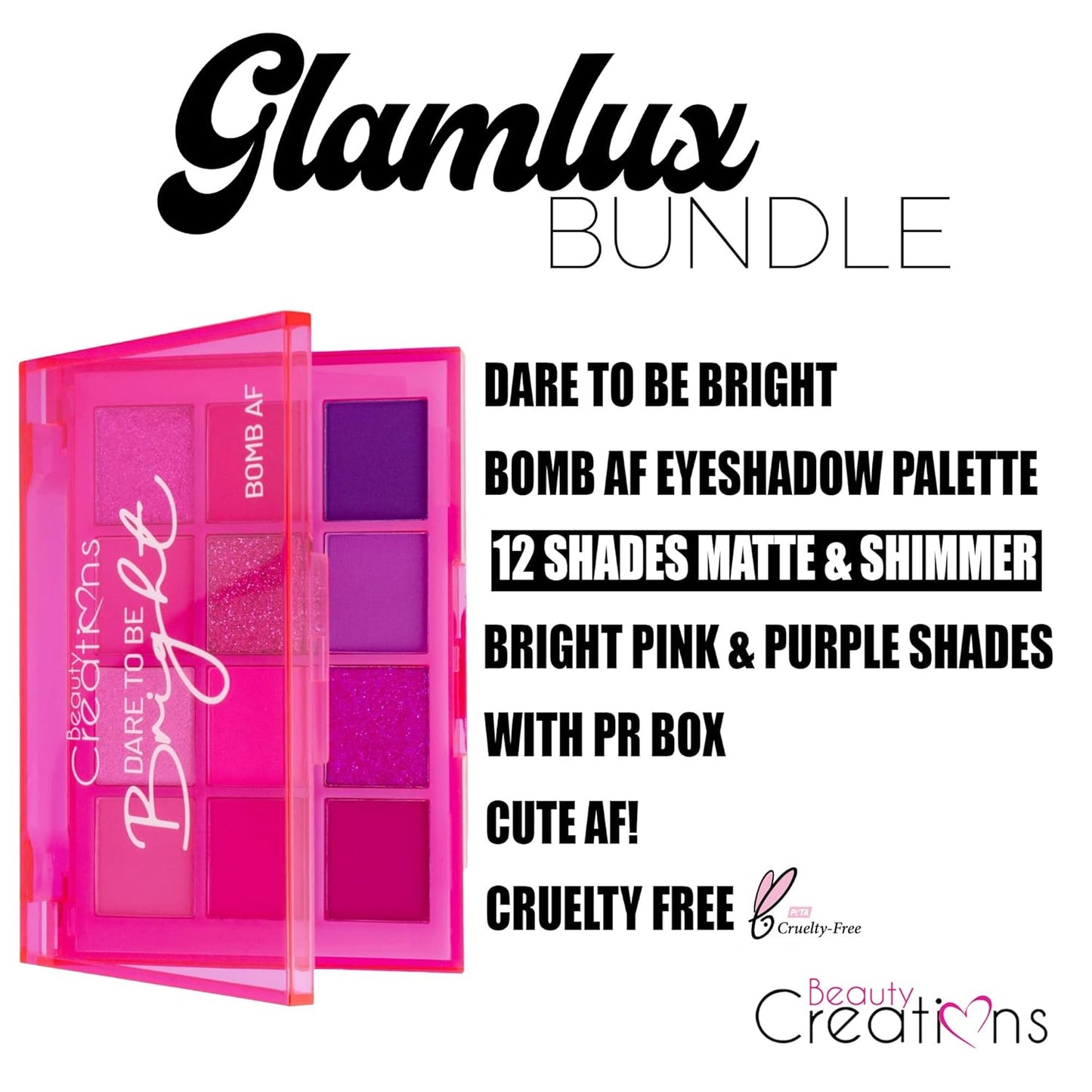 Beauty Bundle Beauty Creations Dare To Be Brights Collection Bomb AF 12 color eyeshadow palette, Lip Set & 15pc Brush Set and Pouch Enclosed in Hot Pink Box