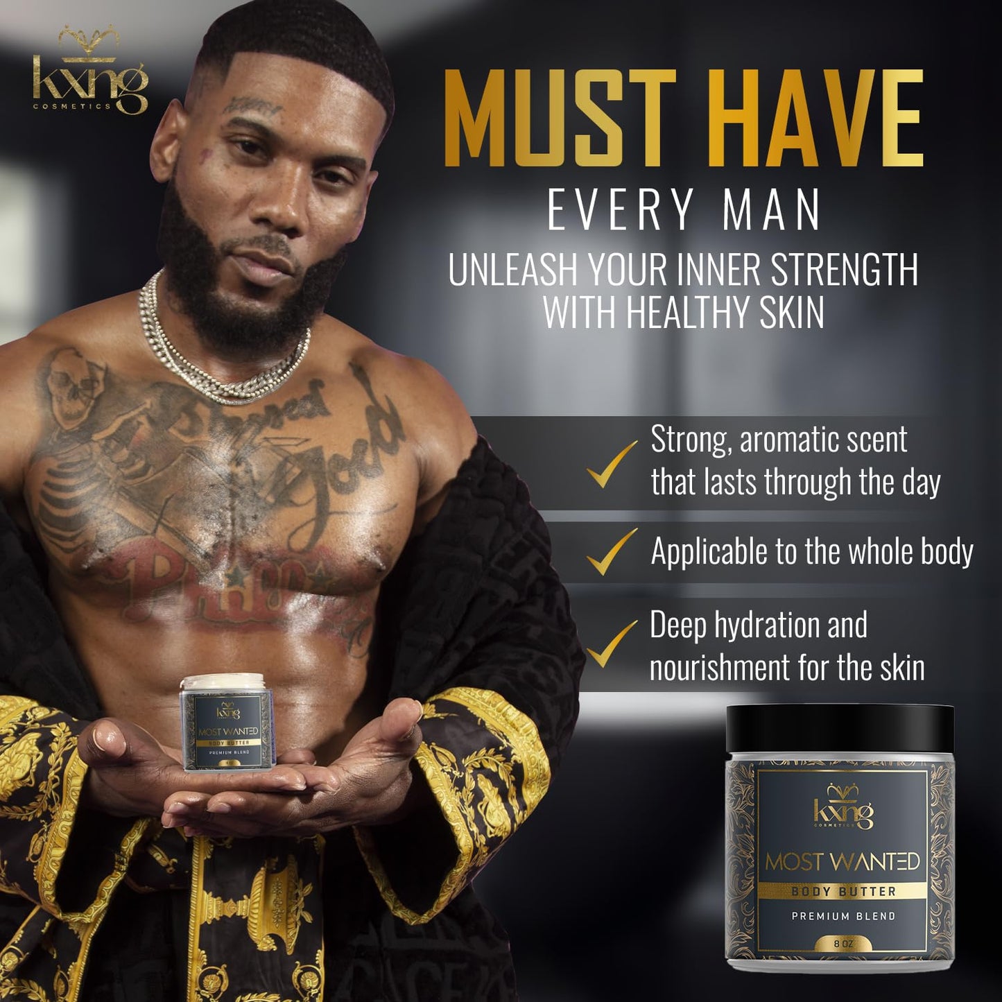 KXNG Cosmetics, Body Butter, Organic Skin Care for Men and Women, Body Moisturizer Lotions and Creams, Raw Shea Butter, Cocoa Butter, Mango, Coconut Oil, Hand, Foot, All Skin Types (Most Wanted XL)