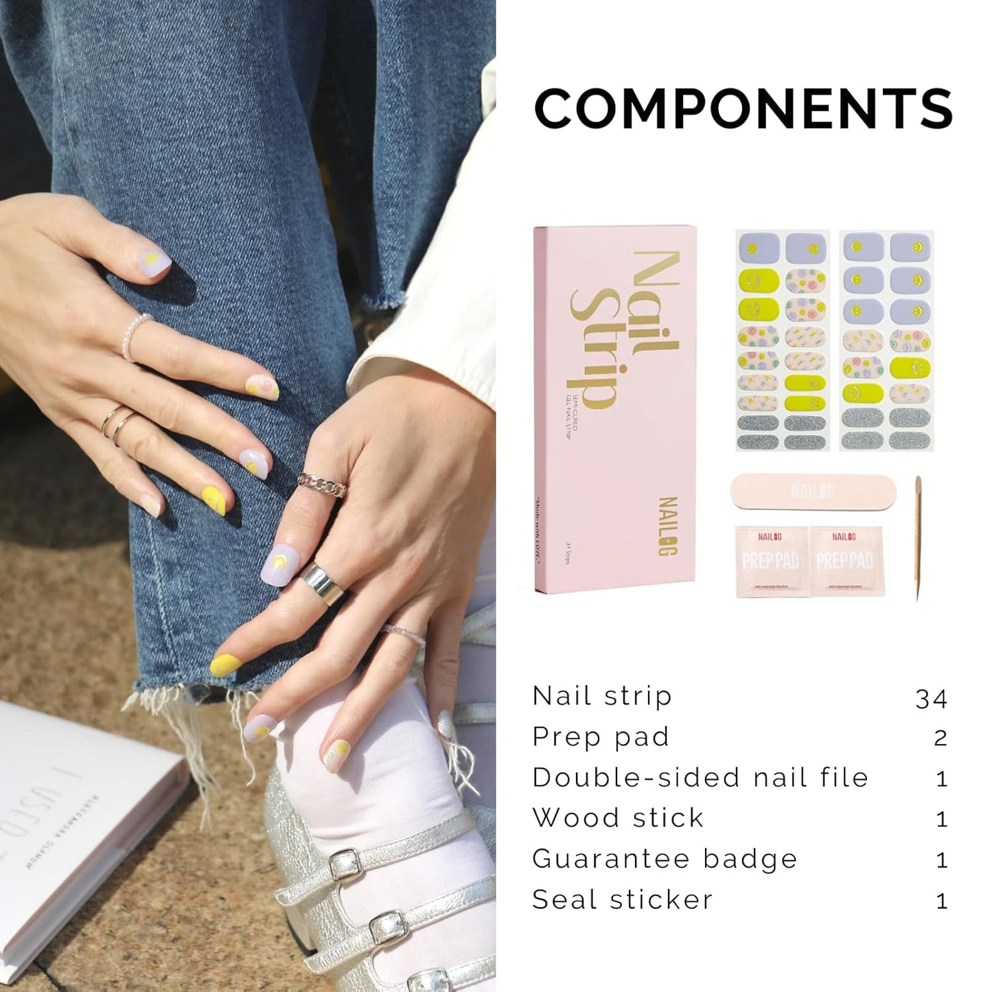 NAILOG Semi Cured Gel Nail Strips 34 pcs| Buy 2 Get 1 UV Lamp | Long Lasting Nail Polish Sticker Wraps with Glossy Gel Finish, Feeling Good