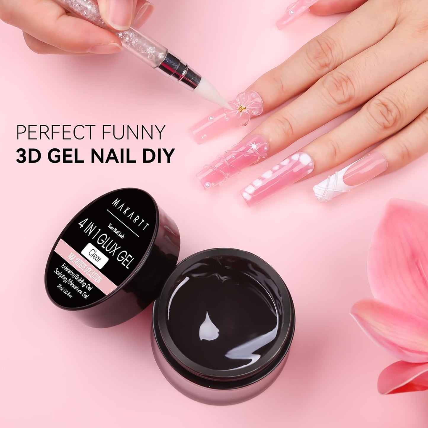 Makartt 3D Gel Nail Art: 50g 3D Nail Gel Clear Non-sticky 3d Sculpting Gels, 4-in-1 Solid Gels Builder for Extension, UV Glue for Acrylic Tips, Rhinestones & 3d Carving for Home Salon DIY